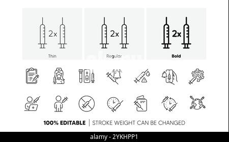 Vaccine line icons. Corona jab, Medical Syringe, Vaccination passport icons. Covid vaccine, human jabbed Vector Stock Vector