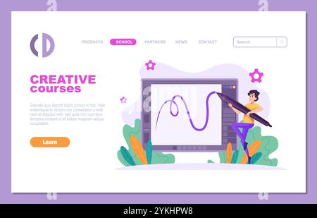 school landing. creative courses web page UI template. character holding big stylus for drawing on tablets. Stock Vector