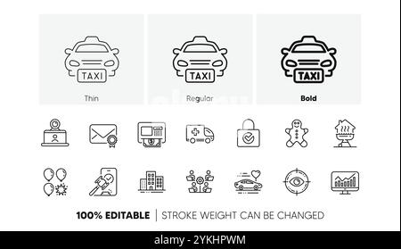 Honeymoon travel, Eye target and Taxi line icons. For web app, printing. Line icons. Vector Stock Vector