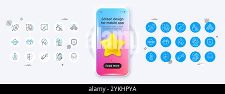 Sick man, Difficult stress and Hand sanitizer line icons. For web app, printing. Phone mockup with 3d star icon. Vector Stock Vector
