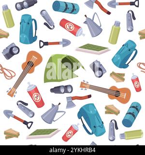 exploring pattern. tourism specific items tent guitar binoculars axes and shovels. vector seamless background Stock Vector