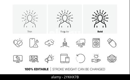 Monitor repair, Recovery data and Yoga line icons. Pack of Medical pills, Usb stick, Hold heart icon. Brush, Megaphone, Taxi pictogram. Phone warning, Stock Vector