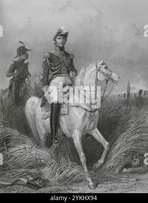 Louis-Nicolas Davout (1770-1823). French military officer and Marshal of the Empire in 1804. Duke of Auerstaedt and Prince of Eckmühl. Equestrian portrait. Drawing by Karl Girardet. Engraving by Paul Girardet. 'Histoire du Consulat et de l'Empire' (History of the Consulate and the Empire of France under Napoleon), by A. Thiers. Volume VII. Published in Paris, 1847. Stock Photo