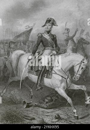 Etienne Macdonald (Etienne-Jacques-Joseph-Alexandre Macdonald) (1765-1840). French general. Marshal of the Empire since 1809. Equestrian portrait. Drawing by Eugène Charpentier. Engraving by Paul Girardet. 'Histoire du Consulat et de l'Empire' (History of the Consulate and the Empire of France under Napoleon), by A. Thiers. Volume X. Published in Paris, 1851. Stock Photo