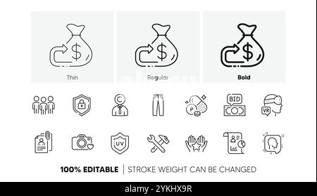 Report, Copyrighter and Cashback line icons. Pack of Group, Bid offer, Pants icon. Interview documents, Augmented reality, Spanner tool pictogram. Shi Stock Vector