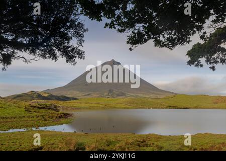 Lagoa do Capitão is a lagoon with a view of Pico Mountain, located on the Azorean island of Pico, São Roque do Pico. Stock Photo