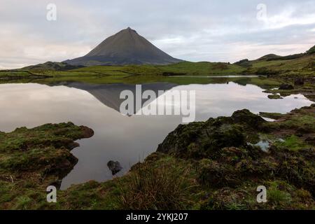 Lagoa do Capitão is a lagoon with a view of Pico Mountain, located on the Azorean island of Pico, São Roque do Pico. Stock Photo