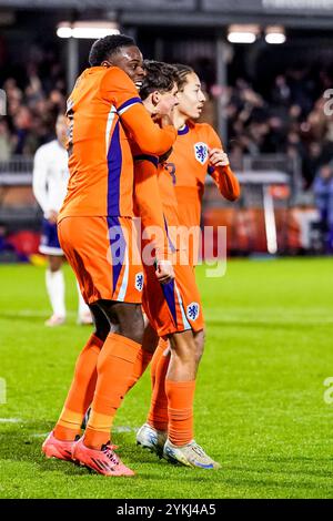 Almere, Netherlands. 18th Nov, 2024. ALMERE, NETHERLANDS - NOVEMBER 18: Thom van Bergen of Netherlands U21 celebrates after scoring his sides first goal with Noah Ohio of Netherlands U21 and Kian Fitz-Jim of Netherlands U21 during the World International Friendly match between Netherlands U21 and England U21 at Yanmar Stadion on November 18, 2024 in Almere, Netherlands. (Photo by Pieter van der Woude/Orange Pictures) Credit: Orange Pics BV/Alamy Live News Stock Photo