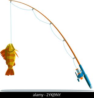 Fishing rod and caught sea bass. Fisher catch isolated vector illustration Stock Vector