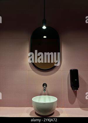 modern office bathroom, bathroom, interior, modern, pink design, sink, public, round sink, Stock Photo