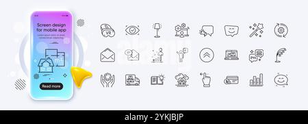 Cogwheel, Floor lamp and Graph chart line icons for web app. Pictogram icon. Phone mockup gradient screen. Vector Stock Vector