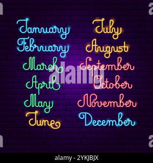 Neon Calendar Months Lettering Stock Vector