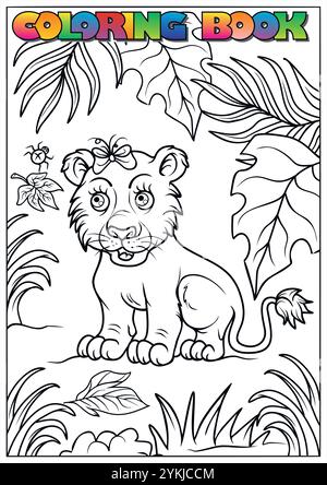 Adorable lion cub in jungle setting, a fun coloring activity for children with nature theme Stock Vector