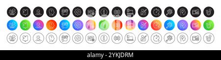 Instruction info, Idea head and Execute line icons. For web app, printing. Round icon buttons. Vector Stock Vector