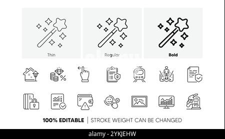 Train, Checked calculation and Petrol station line icons. For web app, printing. Line icons. Vector Stock Vector