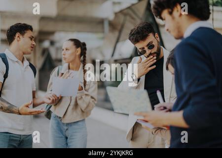 Students engaged in outdoor discussion with their professor Stock Photo