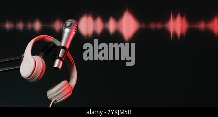 Sound wave, microphone and headphones on black background. Banner design Stock Photo