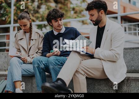 Students collaborating with professor outdoors on academic project Stock Photo