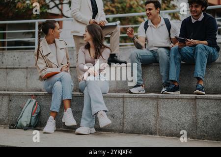 Group of students collaborating with professor outdoors on campus steps Stock Photo