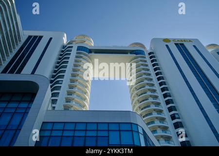Sokcho, South Korea - November 3rd, 2024: A striking view of the modern Cassia Sokcho Hotel, highlighting its sleek architectural design with curved b Stock Photo
