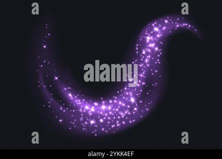 Purple magic cloud with sparkles, stardust sparkling decoration. Glowing glitter smoke trail. Stock Vector