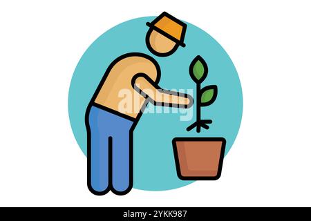 Planting icon. colored outline icon style. people with plant. icon related to gardening. nature elements vector illustration Stock Vector