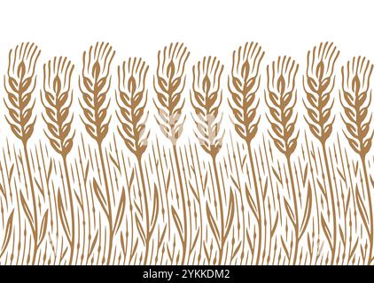 Wheat ears seamless pattern. Whole wheat stalks and grains for farm agriculture, baking or healthy eating Stock Vector