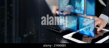 AI Artificial Intelligence. Business woman using AI technology for data analysis, coding computer language with digital brain, machine learning on vir Stock Photo