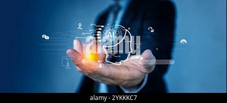 Human interact with AI artificial intelligence virtual assistant chatbot in concept of AI artificial intelligence prompt engineering, LLM AI deep lear Stock Photo