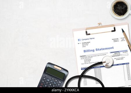 Medical health care billing statement in hospital, top view. Health care costs and medical billing statement.  Calculator, billing statement for docto Stock Photo