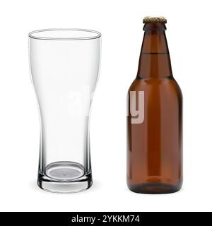 Brown glass beer bottle, transparent beer glass mockup. Isolated alcohol beverage bottle template, realistic vector illustration. Pub brewery glass fo Stock Vector