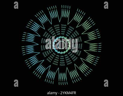 Colorful Mandala on Black Background. Abstract Blue and Green Mandala Design with Radial Lines and Spiraling Patterns. Geometric Circular Mandala Art Stock Vector