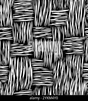 Black and white, hand-drawn seamless pattern of large, woven wicker lines Stock Vector