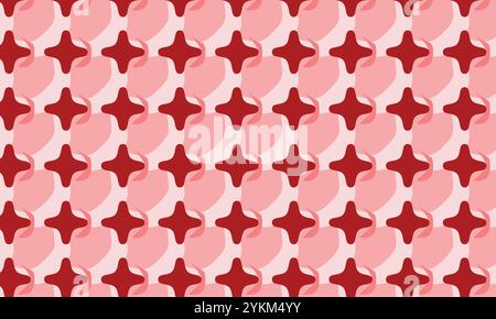 Red and Pink Cross Pattern Geometric Seamless Vector Background, Red Crosses on Pink Repeating Pattern, Red and Pink Cross Mosaic Texture Stock Vector