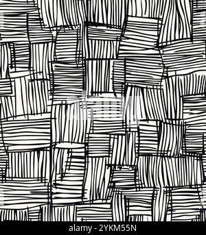 Black and white, hand-drawn seamless pattern of large, woven wicker lines Stock Vector