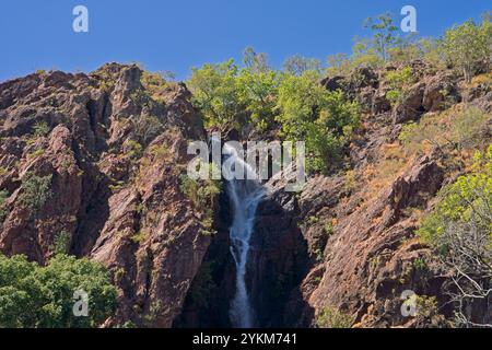 The Wangi Falls a popular swimming spot, has two misty waterfalls filling the huge swimming hole. The waterfalls create a natural plunge pool in the r Stock Photo