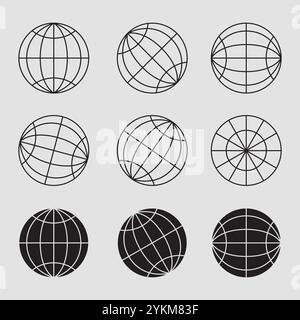 Planet earth icon set.Set of spheres from different sides. Globe line and glyph shape Stock Vector