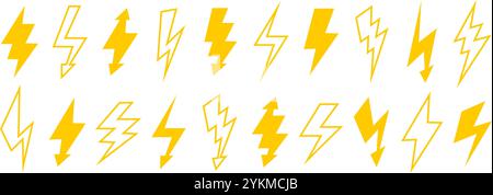 Yellow lightning bolt set. Solid and outline thunder bolt symbol collection. Flash thunderbolt element pack for poster, banner, graphic design, card. Orange strike arrow signs bundle. Vector Stock Vector
