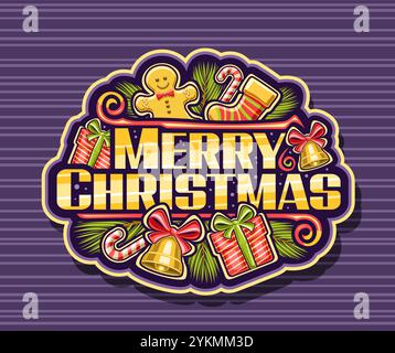 Vector logo for Merry Christmas, decorative label with cartoon design christmas symbols, dark signage with illustration of surprises and golden bells, Stock Vector