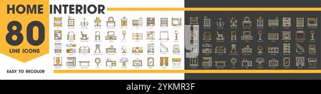 Furniture line icons of home interior, bedroom, kitchen or bathroom and house rooms, vector pictograms. Furniture icons of chair, sofa and bed, table with couch and cupboard, wardrobe and armchair Stock Vector