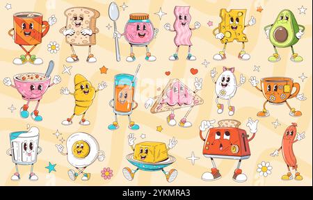 Cartoon retro groovy breakfast characters of drinks and food with funny smile faces. Vintage cute coffee cup, toast, croissant and sandwich vector personages. Funky tea mug, eggs, bacon and sausage Stock Vector