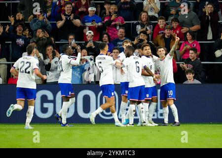 Teammates celebrate with forward Christian Pulisic (10) after a 13th minute goal during the second leg of the CONCACAF quarterfinal soccer match between the United States Menâs National Team and Panama on November 18, 2024, in St. Louis, Missouri. The United States won the match 4-2, and the quarterfinal 5-2 on aggregate. Stock Photo