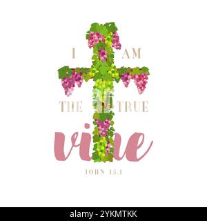 Jesus is the true vine creative Christian symbol. Greeting card design. Religious cross with green and purple bunches of grapes and grape leaves Stock Vector