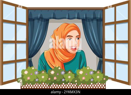 Woman in hijab smiling through open window Stock Vector