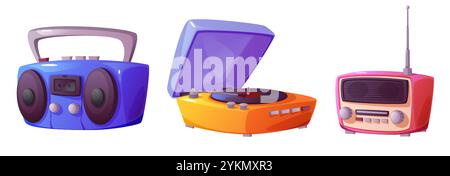 Retro music devices - blue boombox with cassette player, orange vinyl record turntable, pink portable radio receiver. Vintage audio equipment collection with analog sound. Classic entertainment gadget Stock Vector