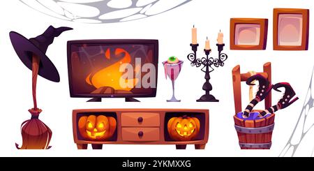 Halloween interior design accessories set isolated on white background. Vector cartoon illustration of witch hat, broomstick, burning fireplace, pumpkin lanterns, chandelier with candles, spider web Stock Vector