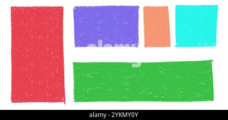Color crayon frames set isolated on white background. Vector realistic illustration of red, purple, green, orange, turquoise pastel squares and rectangles, hand drawn text box, chalk texture art Stock Vector