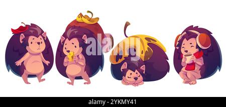 Cute hedgehog character on autumn. Cheerful spiky mascot holds mushroom on thorns and eats cheese, sleeps covered with yellow leaf, drinks hot tea or coffee in scarf, stands with fall foliage. Stock Vector