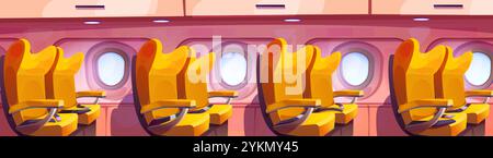 Interior side view of aircraft cabin with rows of yellow seats, oval porthole windows and overhead lighting panels. Commercial passenger plane section for travel or transportation themed designs. Stock Vector