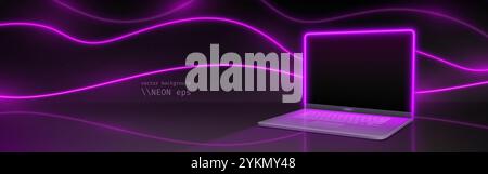 Modern laptop mockup illuminated by purple neon lights on dark backdrop. Wavy glowing lines pattern behind bright edged display and keyboard. Background for cyberpunk, gaming or tech presentation. Stock Vector